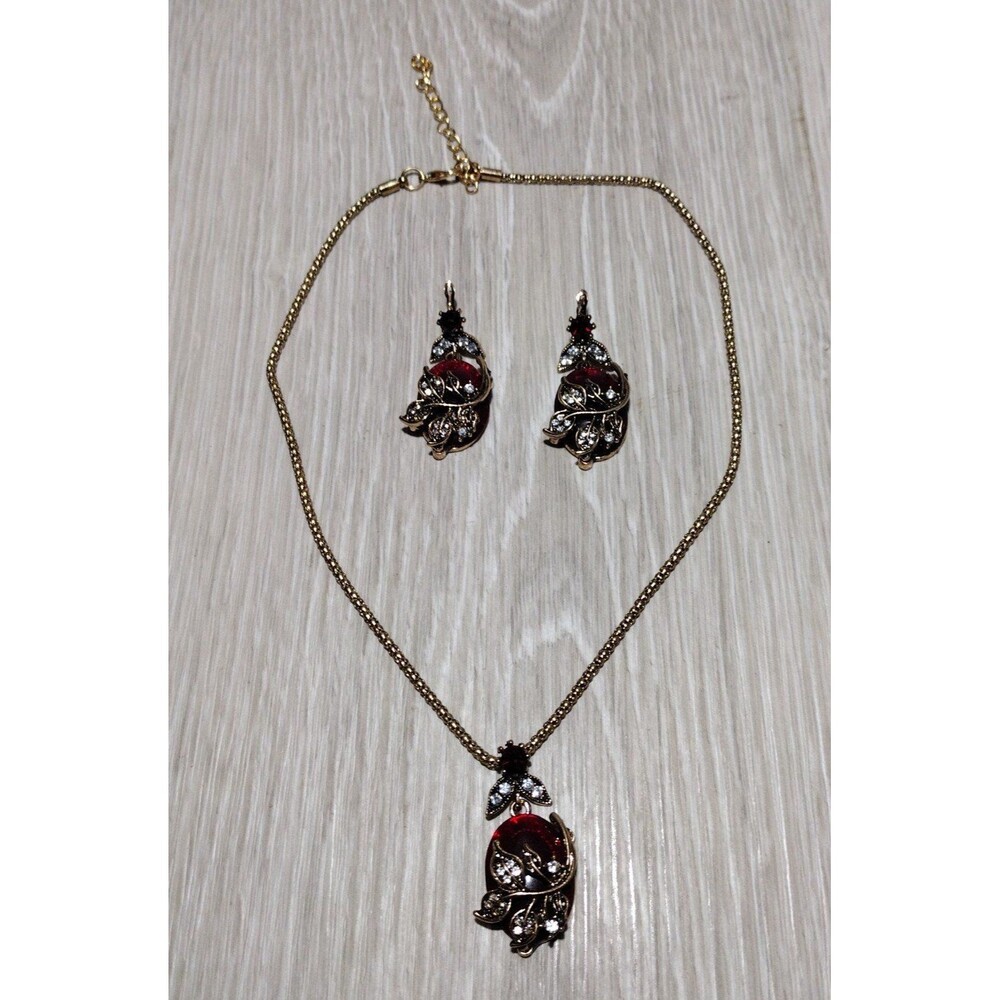 Necklace & Earrings Set - Dark Ruby Like Red & Diamond like Accents - Picture 1 of 7